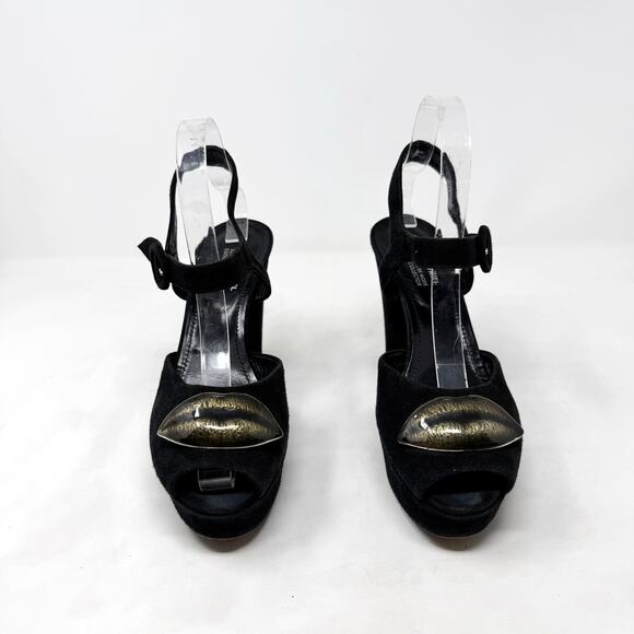 [Sonia Rykiel] Black Gold Lips Suede Leather Open Toe Platform Heels Sz 38 US 8 - Picture 7 of 12